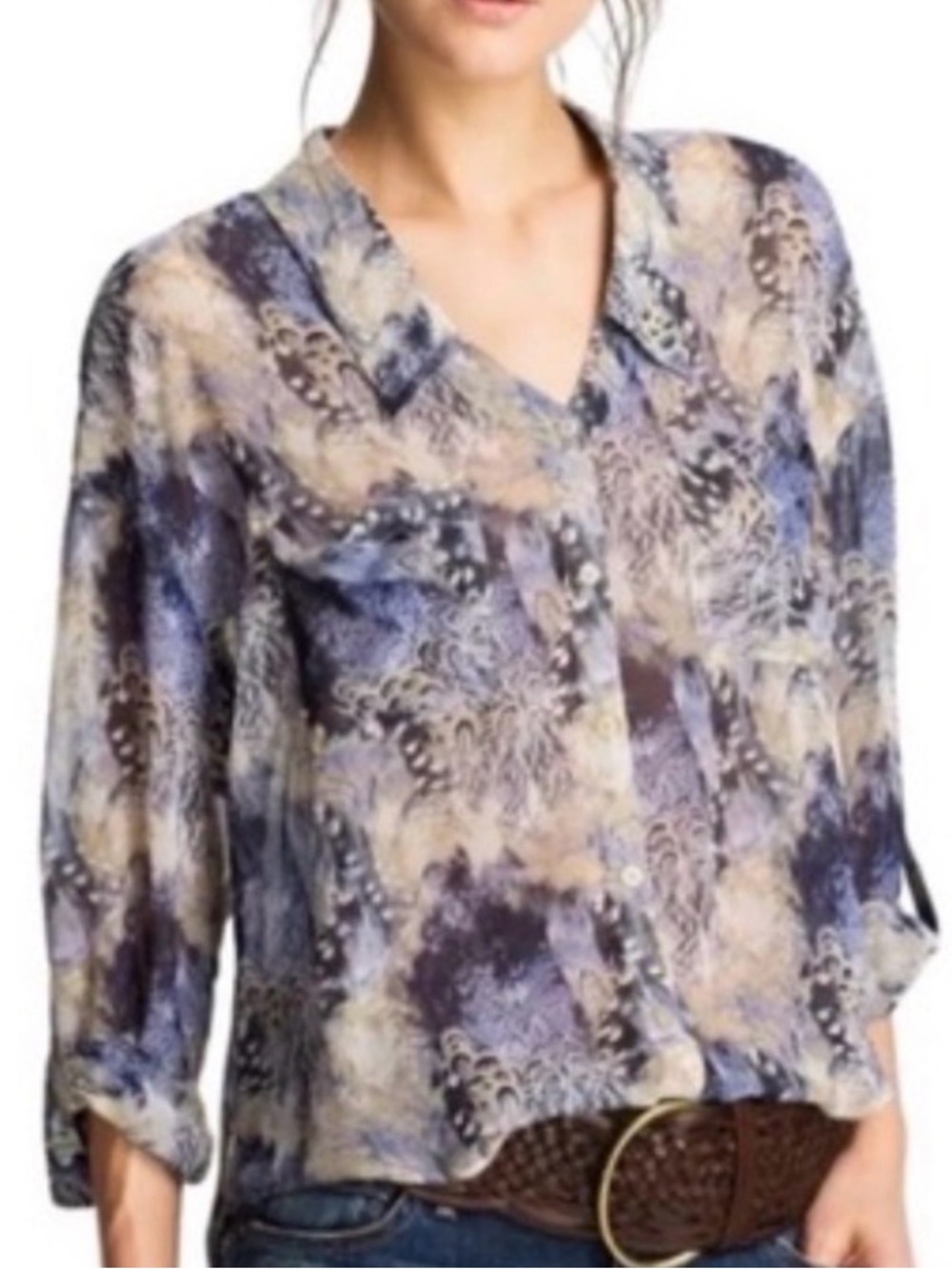 #830 FREE PEOPLE Easy Rider Pretty Blue & Cream Print Button-Up Blouse